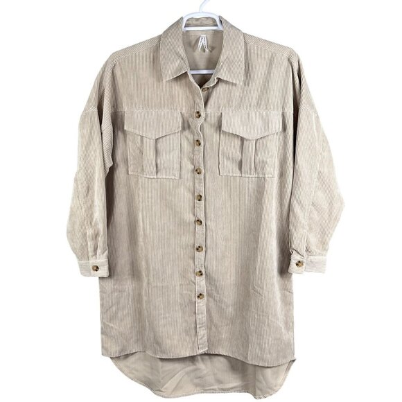 NWT Live 4 Truth Womens L Oversized Beige Corduroy Button Up Shirt Dress Western - Picture 7 of 16